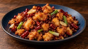 Sichuan Fried Chicken Recipe: Method, Timing, and Failure Points 37 Golden Sichuan fried chicken with cut dried red chiles, Sichuan peppercorns, scallion segments and sliced garlic on a blue plate