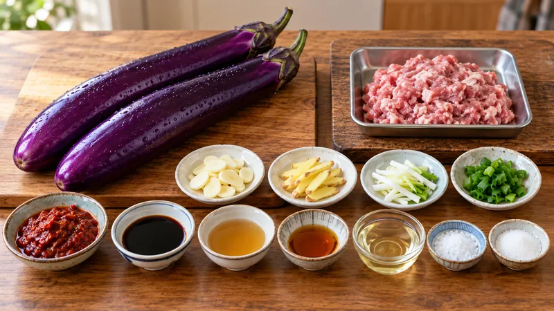 Sichuan Eggplant Recipe: Sauce, Texture, and Timing Checks 2 Two long purple eggplants beside raw pork mince isolated on a metal tray, garlic, ginger, scallion and sauce ingredients