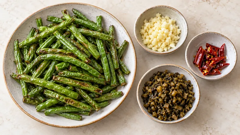 Sichuan Green Beans Recipe: Texture, Heat, and Timing Checks 2 Seared green beans beside separate garlic, dried chili and preserved mustard vegetable bowls