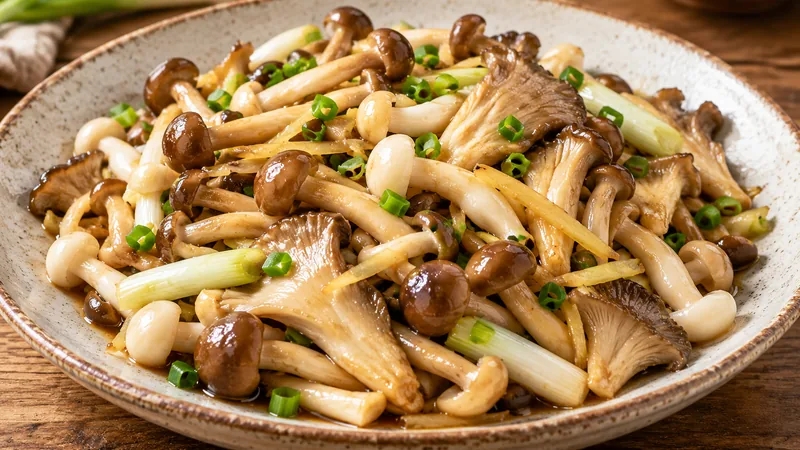 Sichuan Mushroom Stir Fry Recipe: Aromatics, Heat, and Texture 1 Cooked brown and white beech mushrooms and oyster-mushroom pieces with ginger and scallion in a light glossy sauce