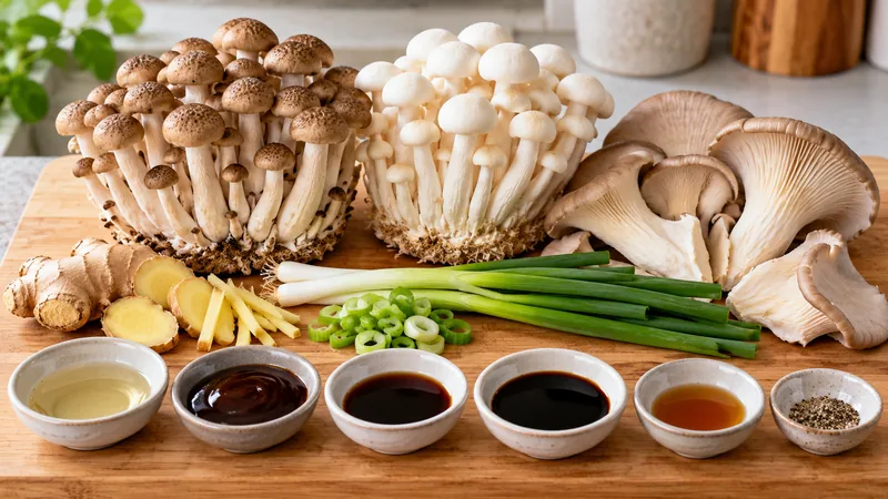 Sichuan Mushroom Stir Fry Recipe: Aromatics, Heat, and Texture 2 Brown and white beech mushroom clusters, oyster mushrooms, ginger, scallion and small bowls of sauce ingredients