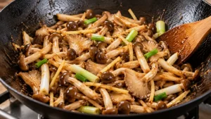 Sichuan Mushroom Stir Fry Recipe: Aromatics, Heat, and Texture 25 Cooked beech and oyster mushrooms with ginger shreds and scallion in a black wok with little free sauce