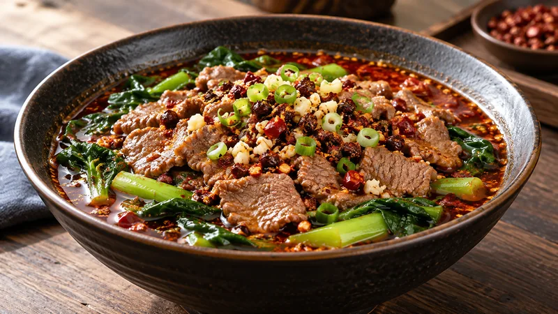 Sichuan Boiled Beef Recipe: Broth, Heat, and Serving Checks 1 Thin cooked beef in chili broth over Chinese broccoli with garlic and scallion