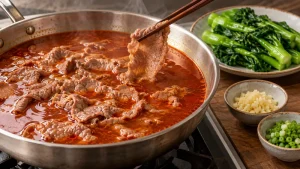 Sichuan Boiled Beef Recipe: Broth, Heat, and Serving Checks 21 Beef slices being poached in seasoned red broth with greens nearby