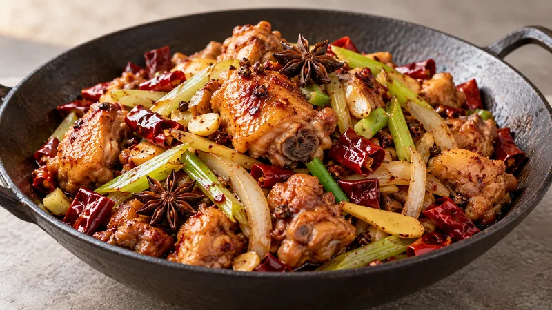 Sichuan Dry Pot Chicken Recipe: Spice, Heat, and Serving Checks 1 Bone-in mala dry pot chicken with celery, onion, dried chilies and star anise