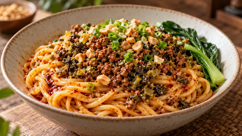 Sichuan Dan Dan Noodles Recipe: Sauce, Noodles, and Timing 1 Dan dan wheat noodles with minced pork, preserved greens and chili sesame sauce