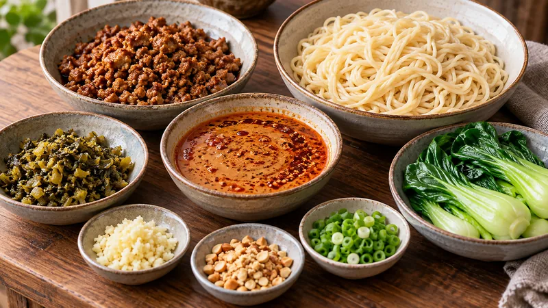 Sichuan Dan Dan Noodles Recipe: Sauce, Noodles, and Timing 3 Minced pork topping, preserved mustard greens and sesame chili sauce for noodles