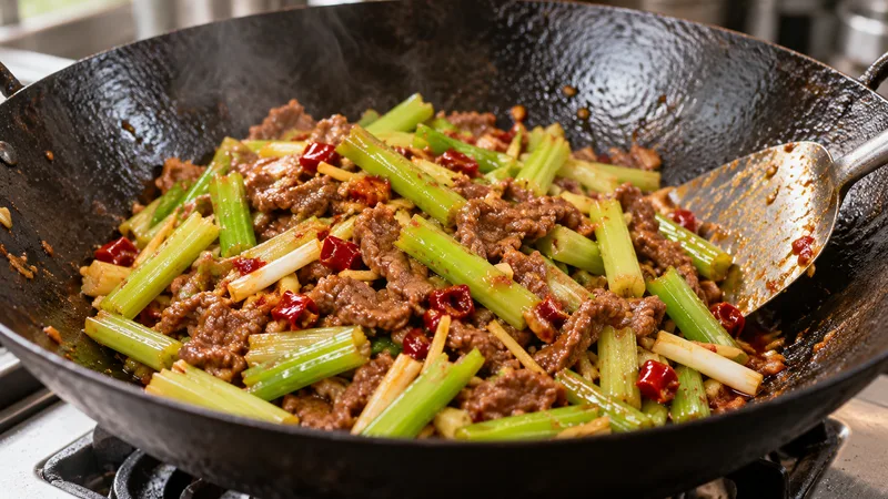 Sichuan Celery Beef Stir Fry Recipe: Marinade, Heat, and Timing 1 Cooked thin beef shreds with celery, chopped red pickled peppers and scallion whites in a black wok