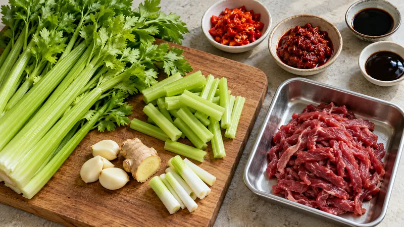 Sichuan Celery Beef Stir Fry Recipe: Marinade, Heat, and Timing 2 Celery, garlic, ginger and scallion whites beside pickled peppers and doubanjiang, with raw beef shreds isolated in a separate tray