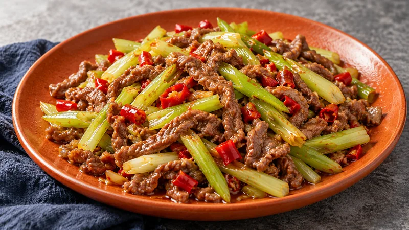 Sichuan Celery Beef Stir Fry Recipe: Marinade, Heat, and Timing 3 Tender beef shreds and pale-green celery with red pickled pepper pieces on an orange ceramic platter