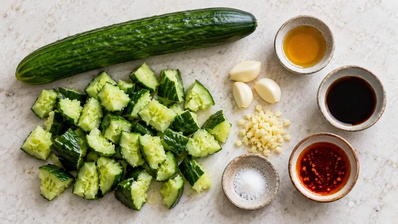 Sichuan Garlic Cucumber Salad Recipe: Smash, Sauce, and Resting Time 1 Cucumber and chopped garlic beside bowls of sesame oil, dark dressing, chili oil and sugar