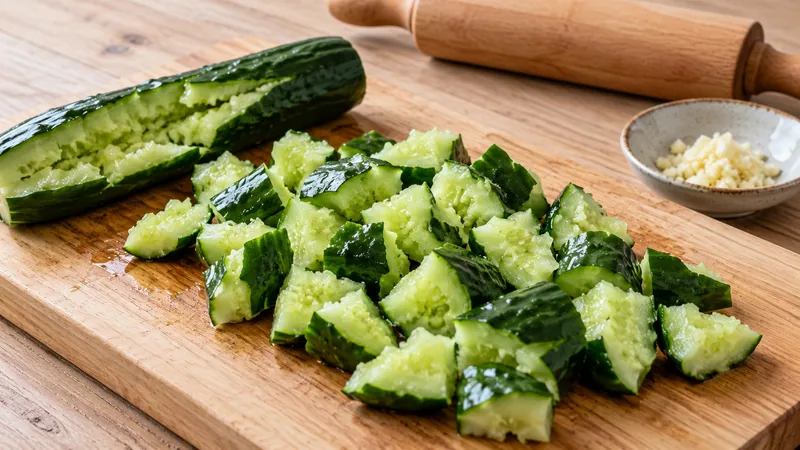 Sichuan Garlic Cucumber Salad Recipe: Smash, Sauce, and Resting Time 2 Irregular smashed cucumber chunks on a cutting board with a rolling pin and chopped garlic nearby