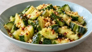Smashed cucumber salad with finely chopped garlic and a light chili-oil dressing in a pale blue bowl