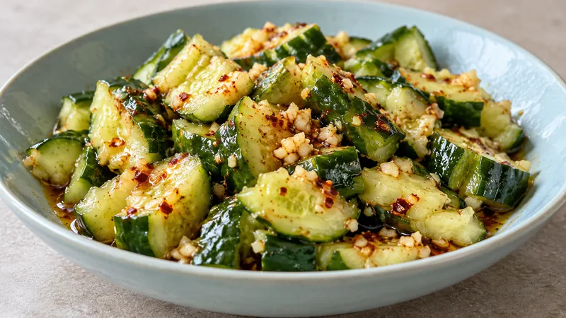 Sichuan Garlic Cucumber Salad Recipe: Smash, Sauce, and Resting Time 3 Smashed cucumber salad with finely chopped garlic and a light chili-oil dressing in a pale blue bowl
