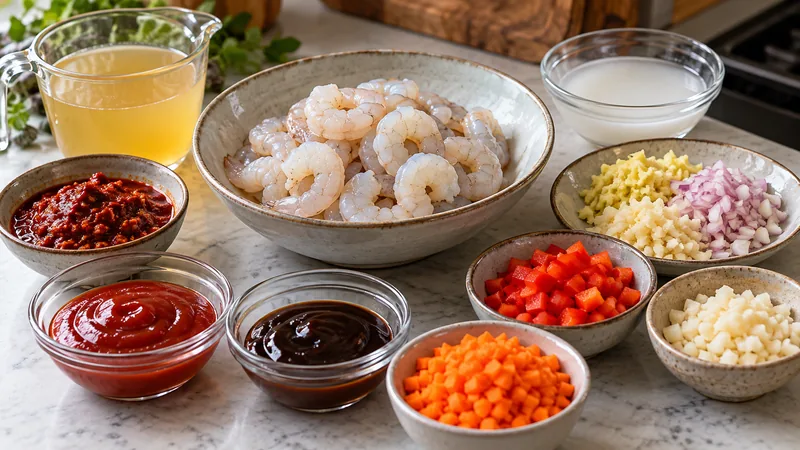 Sichuan Shrimp Recipe: How to Make Sauce, Heat, and Timing Checks 1 Small peeled shrimp with diced carrot, red pepper and chili sauce