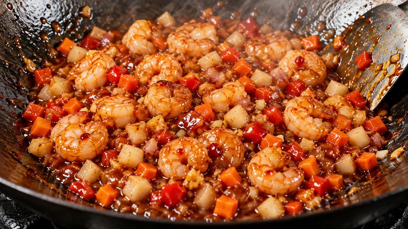 Sichuan Shrimp Recipe: How to Make Sauce, Heat, and Timing Checks 2 Shrimp and finely diced vegetables cooking in restaurant-style chili sauce