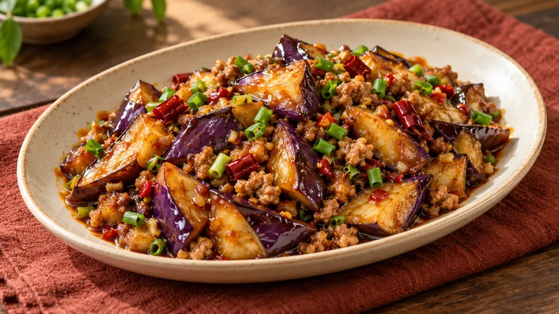Fish Fragrant Eggplant Recipe: Sauce Ratio, Texture, and Wok Timing 1 Tender purple-skinned eggplant pieces in reddish-brown sauce with cooked minced pork, scallions and dried chilies on an oval plate
