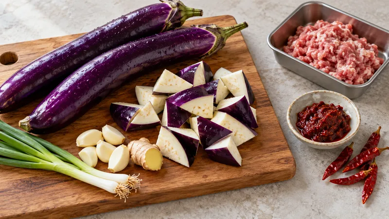 Fish Fragrant Eggplant Recipe: Sauce Ratio, Texture, and Wok Timing 2 Long purple eggplants and triangular cuts with garlic, ginger, scallions, doubanjiang and chilies; raw minced pork isolated in a separate tray