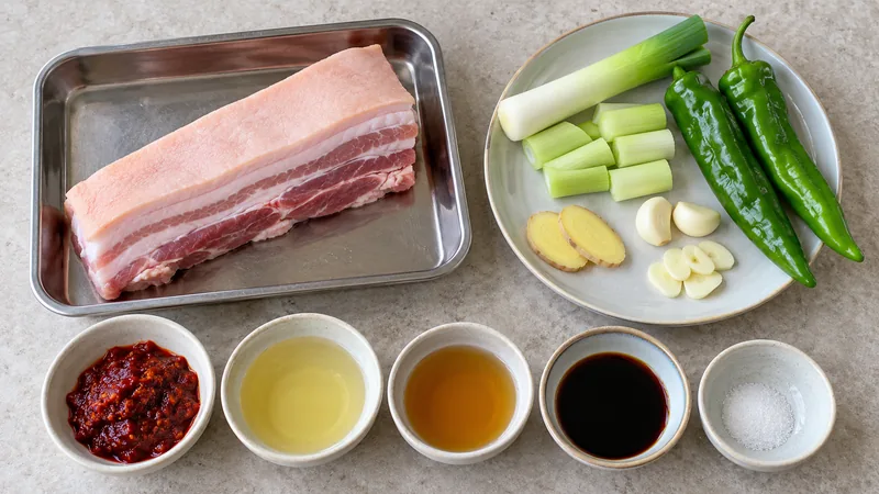 Twice Cooked Pork Recipe: Slicing, Sauce, and Wok Timing Checks 1 Raw skin-on pork belly in a separate tray beside leek, green peppers, ginger, garlic and measured seasoning bowls