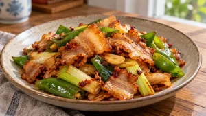 Twice-cooked pork belly slices with leek and green pepper in a red-brown doubanjiang coating