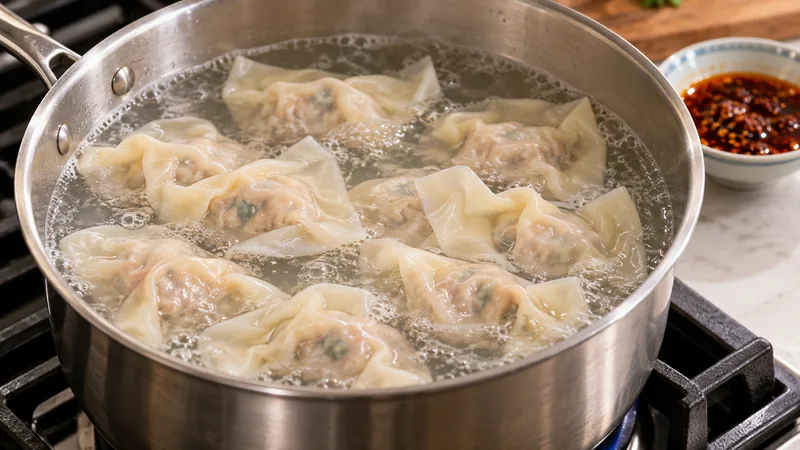 Sichuan Chili Oil Wontons Recipe: Filling, Sauce, and Serving Checks 2 Sealed thin-skinned pork wontons gently boiling in water