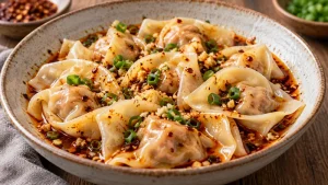 Pork wontons coated with chili oil, garlic and scallion sauce