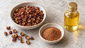 Opened red Sichuan pepper husks, ground spice and a small unlabelled bottle of golden oil