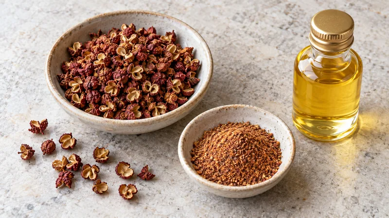 Sichuan Peppercorn Substitute: Flavor Tradeoffs and Safe Ratios 2 Opened red Sichuan pepper husks, ground spice and a small unlabelled bottle of golden oil