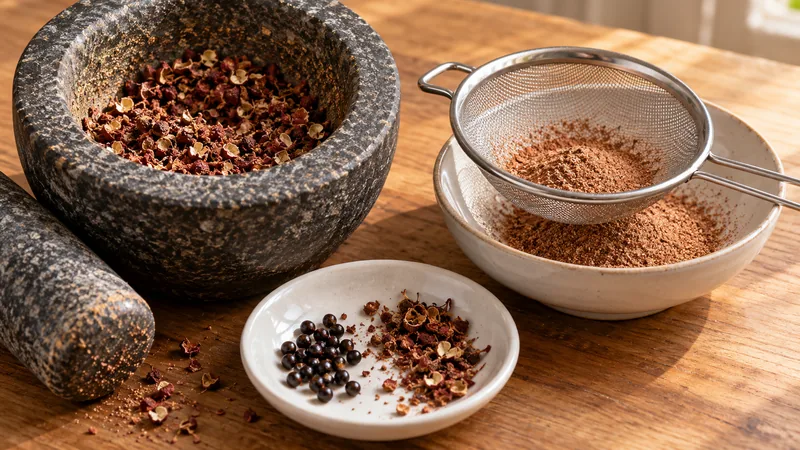 Sichuan Peppercorn Substitute: Flavor Tradeoffs and Safe Ratios 3 Crushed Sichuan pepper husks in a mortar beside sifted powder and separated hard black seeds