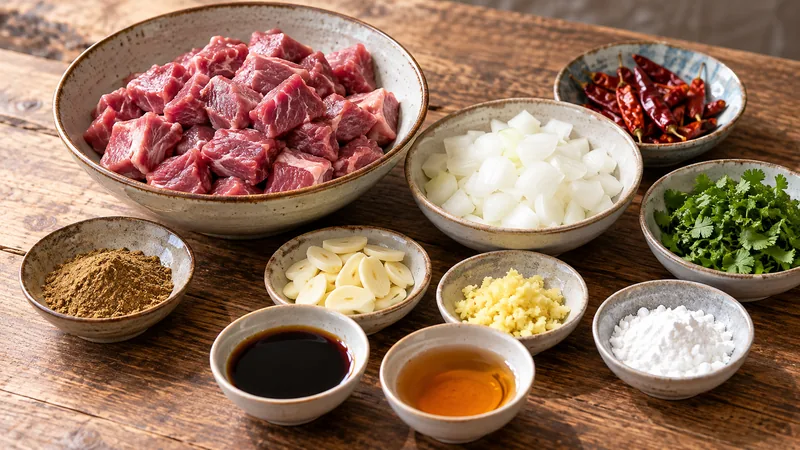 Sichuan Cumin Lamb Recipe: Marinade, Heat, and Timing Checks 1 Small lamb cubes, cumin, onion, garlic and dried chili ingredients