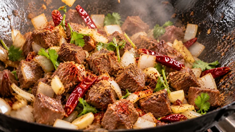 Sichuan Cumin Lamb Recipe: Marinade, Heat, and Timing Checks 2 Cumin-seasoned lamb cubes being stir-fried with onion and dried chilies