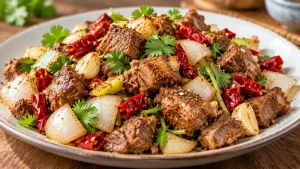 Xinjiang-style cumin lamb cubes with onion, garlic and cilantro