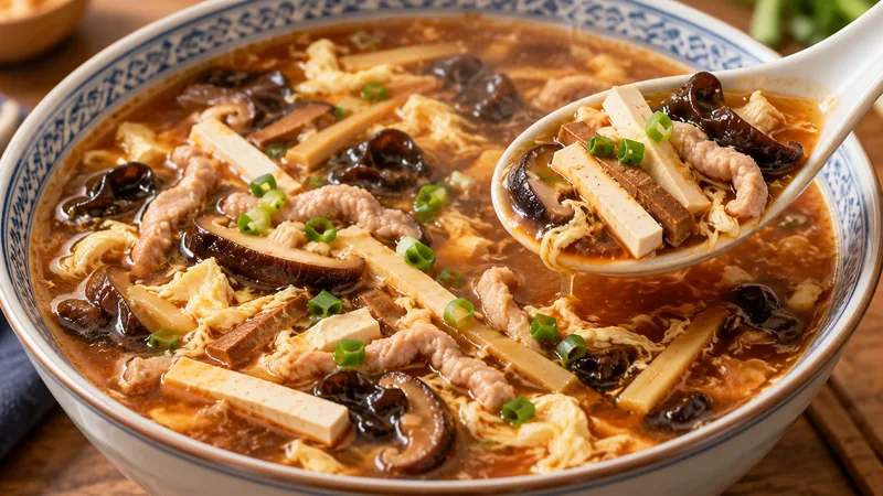 Sichuan Hot And Sour Soup Recipe: Broth, Slurry, and Seasoning Order 1 Hot-and-sour soup with white and darker pressed tofu strips, cooked pork, shiitake, wood ears, bamboo shoots and egg ribbons