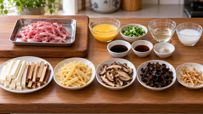 Sichuan Hot And Sour Soup Recipe: Broth, Slurry, and Seasoning Order 2 Raw pork strips isolated on a metal tray beside tofu, bamboo shoots, mushrooms, lily-flower pieces, beaten egg and seasonings