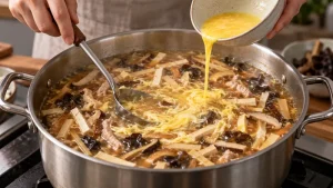 Beaten egg streaming into simmering hot-and-sour soup while a ladle stirs among tofu strips and mushrooms