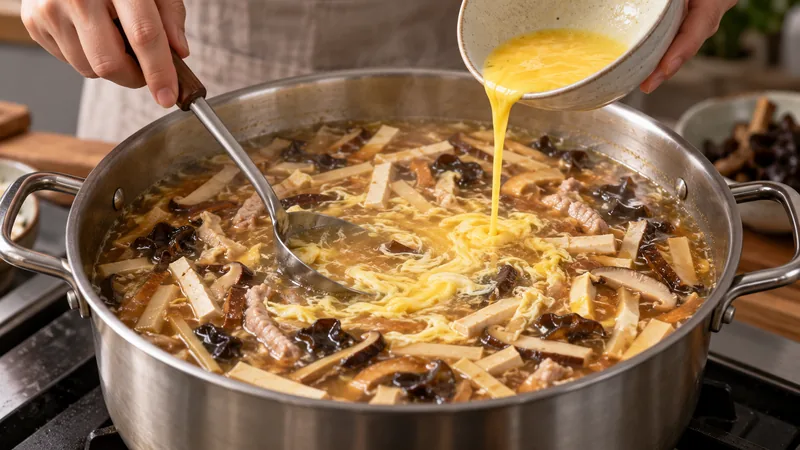Sichuan Hot And Sour Soup Recipe: Broth, Slurry, and Seasoning Order 3 Beaten egg streaming into simmering hot-and-sour soup while a ladle stirs among tofu strips and mushrooms