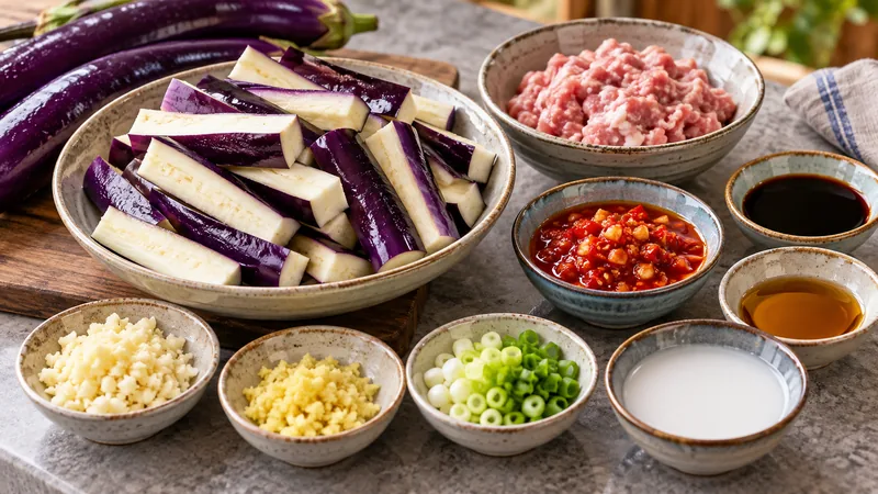Sichuan Aubergine Recipe: Texture, Sauce, and Wok Timing 1 Chinese eggplant batons with garlic, pickled chili sauce and minced pork ingredients