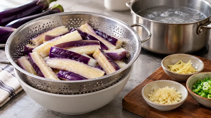 Sichuan Aubergine Recipe: Texture, Sauce, and Wok Timing 2 Softened eggplant batons draining after blanching