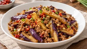 Eggplant batons coated with garlic chili sauce and a small amount of minced pork