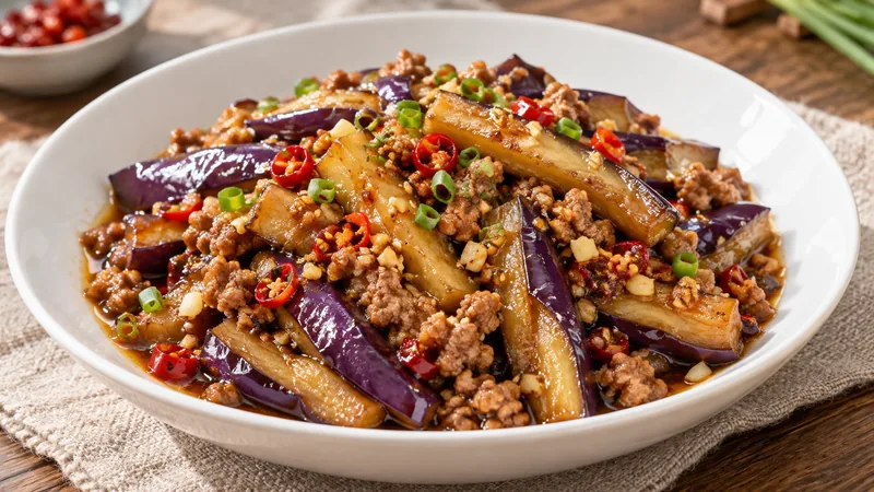 Sichuan Aubergine Recipe: Texture, Sauce, and Wok Timing 3 Eggplant batons coated with garlic chili sauce and a small amount of minced pork