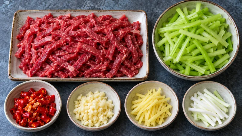 Sichuan Beef Recipe: Marinade, Heat, and Stir-Fry Timing 1 Raw beef strips on their own tray beside separate celery, pickled chili, garlic, ginger and scallion