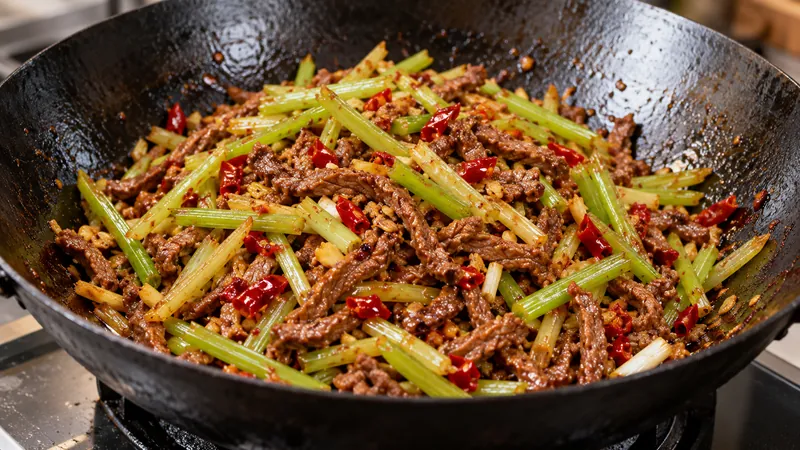 Sichuan Beef Recipe: Marinade, Heat, and Stir-Fry Timing 2 Brown beef strips with celery and red chili in a wok