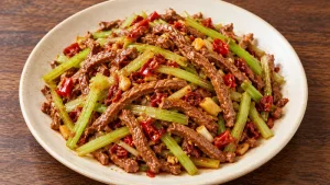 Beef strips with celery, red chili and garlic on an ivory plate