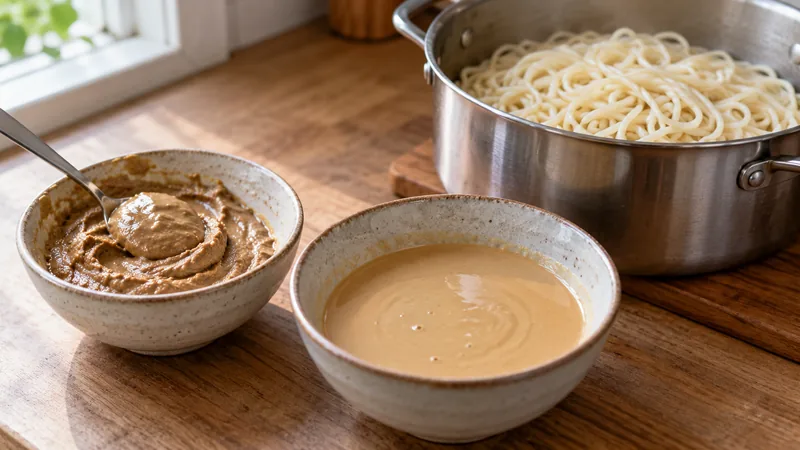 Sichuan Sesame Noodles Recipe: Sauce Balance, Texture, and Timing 1 Sesame paste and smooth sesame sauce beside a pot of plain cooked wheat noodles