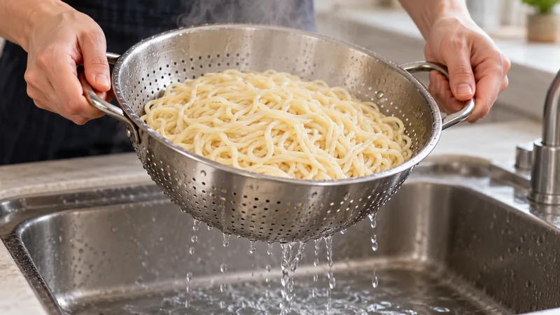 Sichuan Sesame Noodles Recipe: Sauce Balance, Texture, and Timing 2 Plain freshly cooked wheat noodles draining in a colander before mixing