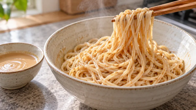 Sichuan Sesame Noodles Recipe: Sauce Balance, Texture, and Timing 3 Warm wheat noodles being lifted and coated lightly with smooth sesame sauce