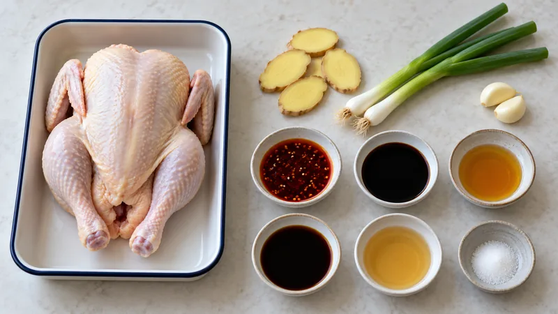 Cold Chicken With Chili Oil Recipe: Poaching, Sauce, and Food Safety 1 Whole raw chicken in a separate rimmed tray beside ginger, scallions, garlic and dressing ingredients