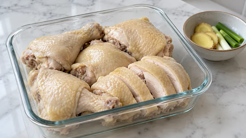 Cold Chicken With Chili Oil Recipe: Poaching, Sauce, and Food Safety 2 Pale cooked chicken portions in a shallow glass container beside ginger and scallion