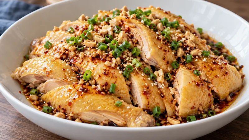 Cold Chicken With Chili Oil Recipe: Poaching, Sauce, and Food Safety 3 Cooked skin-on chicken portions with chili-oil dressing, chopped garlic, scallion, crushed peanuts and sesame