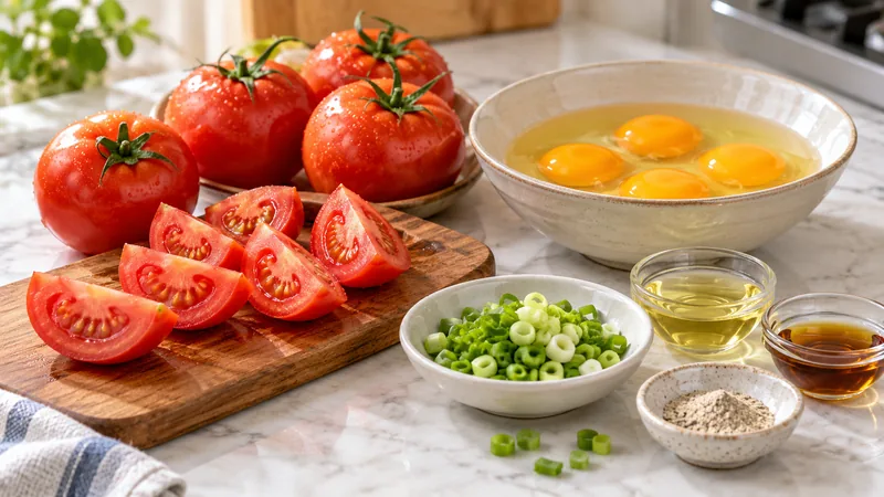 Sichuan Tomato Egg Recipe: Sauce Balance, Texture, and Timing 1 Ripe tomatoes, eggs and scallion for tomato egg stir-fry